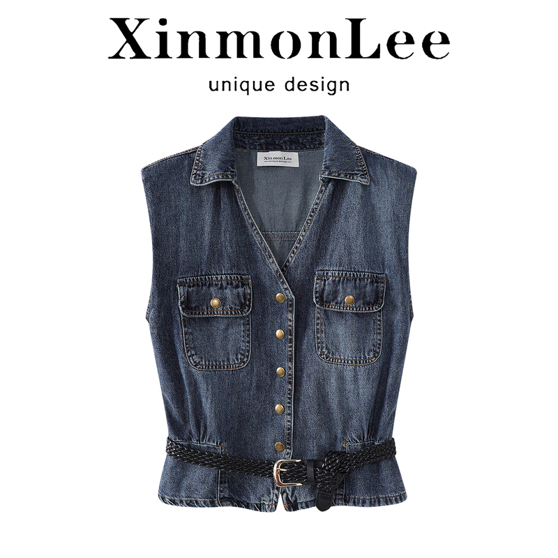 Xinmonlee Hong Kong Style Retro Distressed Cuffed V-Neck Denim Shirt Vest with Shoulder Pads Summer Sleeveless Waist-Cinching Top Xinmonlee Hong Kong Style Retro Distressed Cuffed V-Neck Denim Shirt Vest with Shoulder Pads Summer Sleeveless Waist-Cinching Top