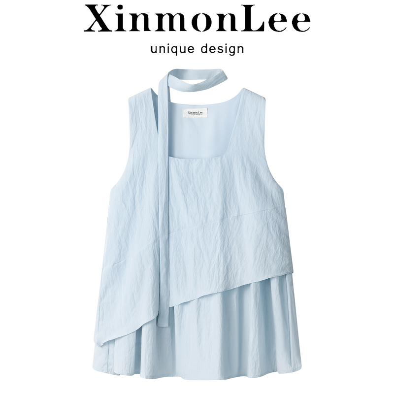 Xinmonlee French-Style Sleeveless Sweet and Spicy Camisole Summer Patchwork Fake Two-Piece Square-Neck Top Slimming T-Shirt for Women