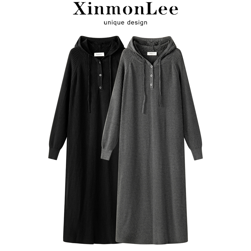 Xinmonlee Gray Hooded Soft Knit Dress Autumn and Winter New Loose Straight Sweatshirt Dress