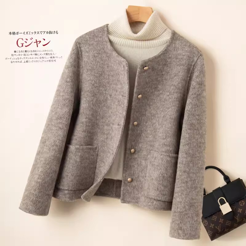 Coffee-Colored High-End Chanel-Style Double-Sided Wool Coat for Women, Short Round-Neck 2026 New Model, Petite Woolen Overcoat