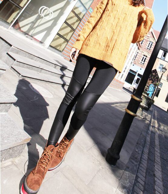 ພາກຮຽນ spring ແລະດູໃບໄມ້ລົ່ນ Asymmetrical Faux Leather Splicing Leggings Slim-fitting Leggings Boot Pants Nine-Point Pants Outerwear Pants ຂອງແມ່ຍິງ