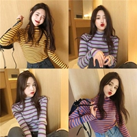 Hồng Kông hương vị retro chic cao cổ áo cầu vồng tương phản màu sọc áo mỏng Tay áo dài tay áo ren chủ đề áo thun nữ áo phông trắng