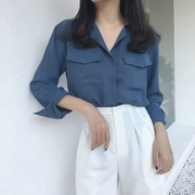 Áo len dáng lửng retro phong cách Hồng Kông buông tha hoang dã áo sơ mi dài tay nữ mùa hè 2018 mới