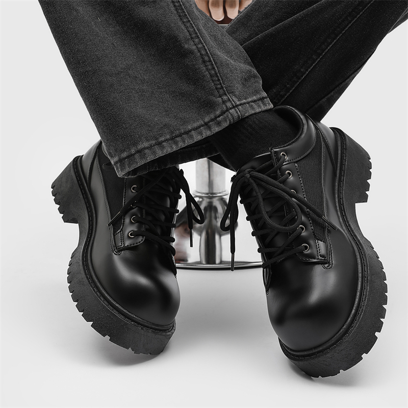 Original High-End Black Chunky Shoes for Men, Thick-Soled Height-Increasing Casual Cleanfit Leather Shoes, Breathable Mesh Derby Shoes