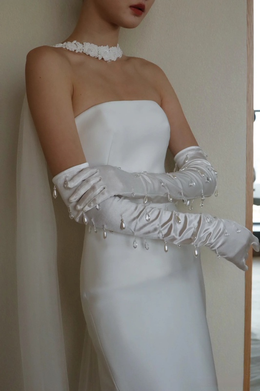 Bridal Wedding Gloves, Long Style, Hand-Beaded, Satin, High-End Feel, Studio Photography, Photo Shoot, Styling Sample, White