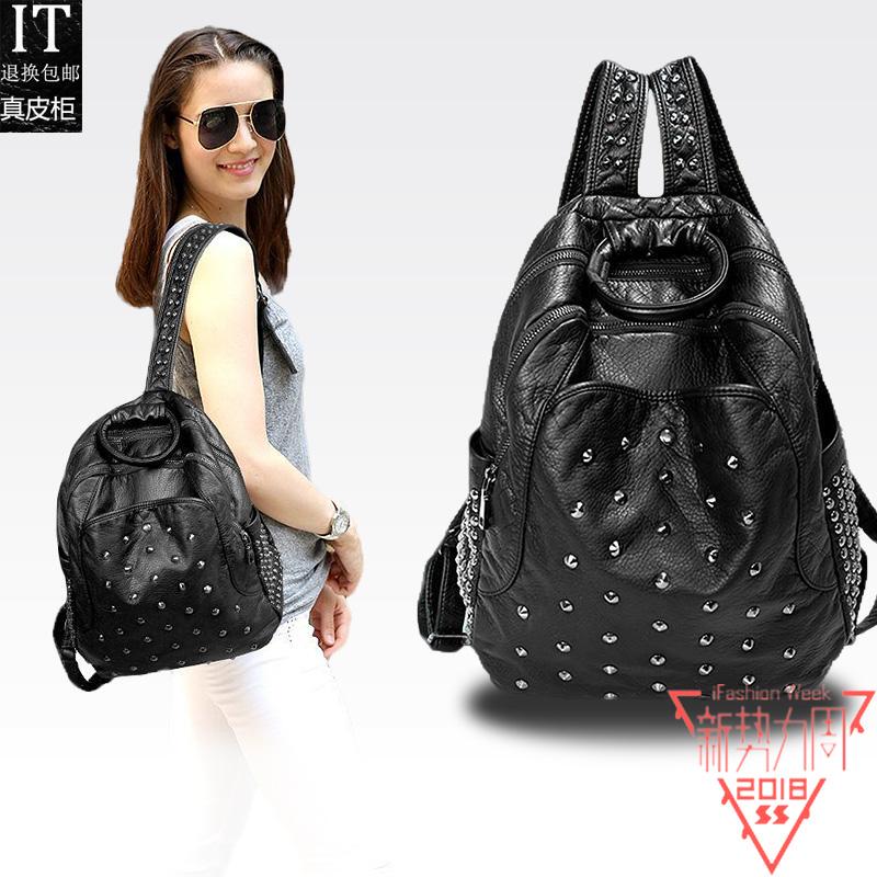 Hong Kong It2026 New Trendy Fashion Genuine Leather Studded Backpack for Women, Versatile Simple Soft Leather Backpack, Korean Version