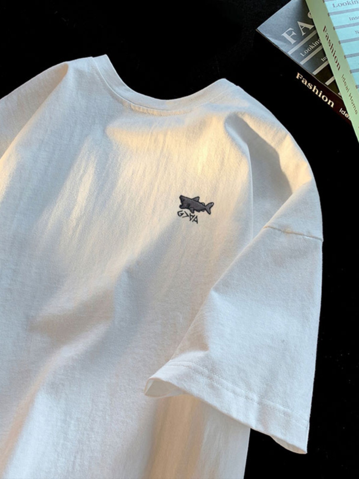 Embroidered Heavyweight 100% Cotton Short-Sleeve T-Shirt for Men, American Style Trendy Brand ins Loose Fit T-Shirt with Shark Embroidery Top