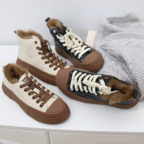 Super foreign style first layer cowhide leather real hair womens shoes with velvet inside autumn and winter casual high-top shoes