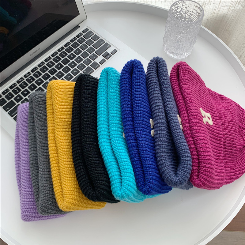 Jesenný a zimný teplý všestranný párový pulóver vlnená čiapka Pletená čiapka s písmenom R_voghion.com