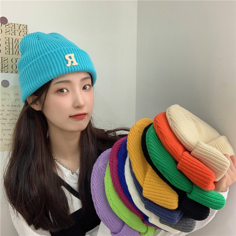 Jesenný a zimný teplý všestranný párový pulóver vlnená čiapka Pletená čiapka s písmenom R_voghion.com