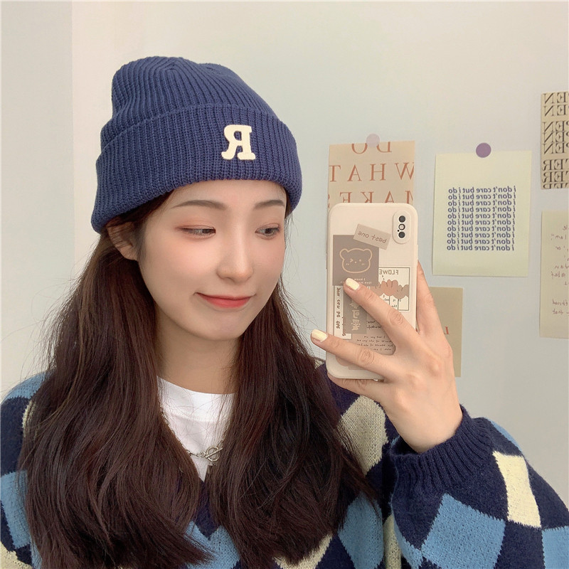 Jesenný a zimný teplý všestranný párový pulóver vlnená čiapka Pletená čiapka s písmenom R_voghion.com