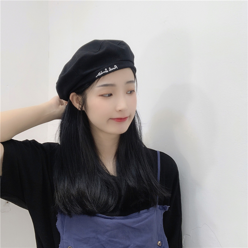 日系黑色字母刺绣贝雷帽女夏季薄款英伦复古画家帽休闲八角帽详情1