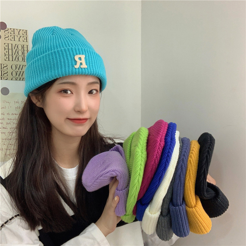 Jesenný a zimný teplý všestranný párový pulóver vlnená čiapka Pletená čiapka s písmenom R_voghion.com