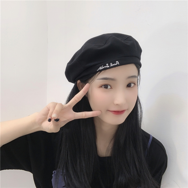 日系黑色字母刺绣贝雷帽女夏季薄款英伦复古画家帽休闲八角帽详情9