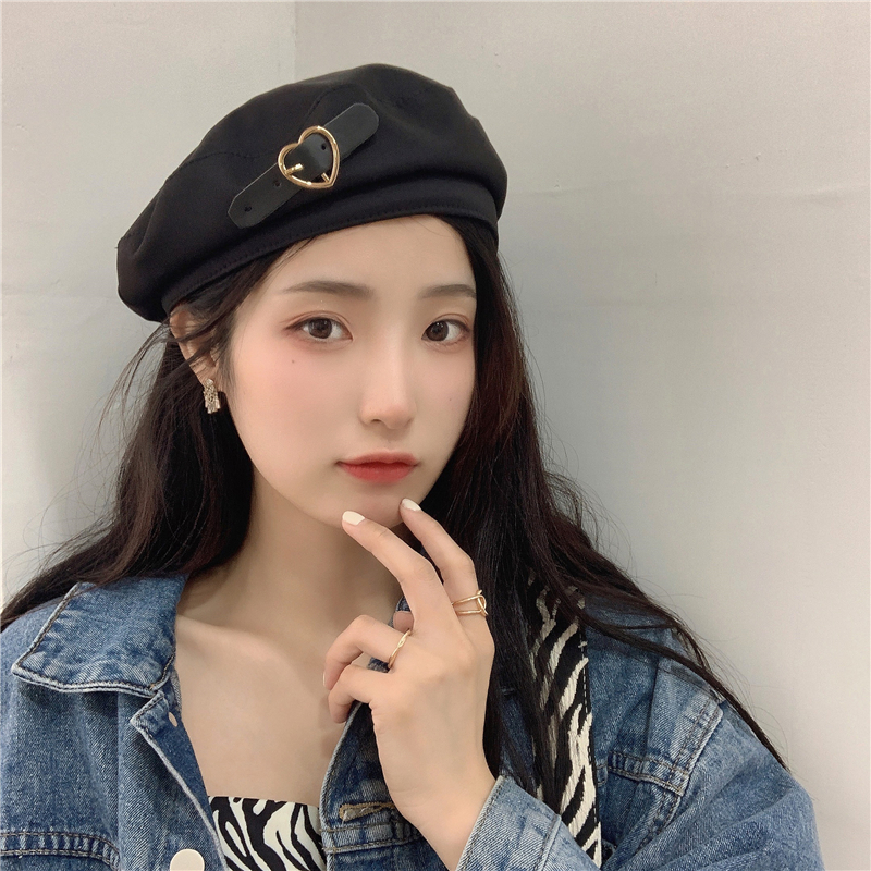 被爱心狙击~黑色甜拽金属贝雷帽女夏季透气复古优雅气质画家帽潮详情10