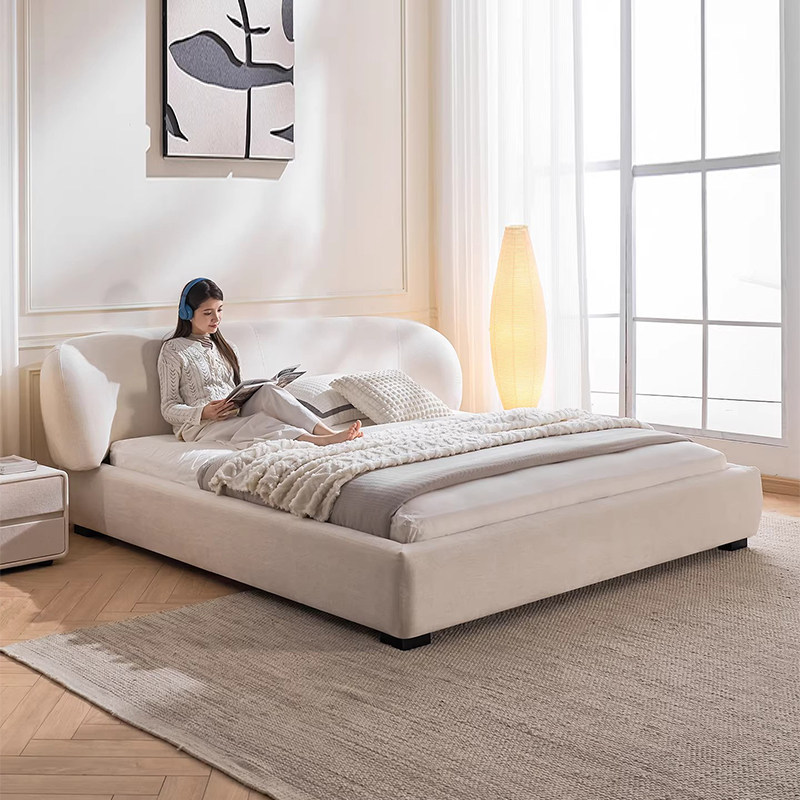 French-Style Cream-Colored Fabric Bed, Tech Fabric, Italian-Style High-End Modern Minimalist Nordic Double Bed, Wedding Bed