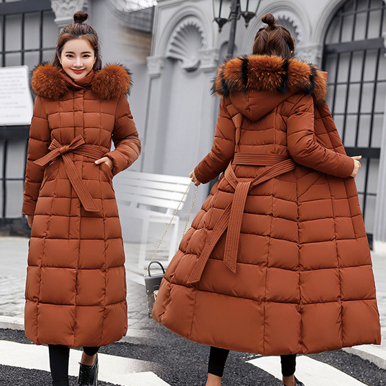 Off season clearance cotton jacket women's extended knee length Korean slim fit cotton jacket jacket jacket with thickened fur collar special treatment cotton jacket