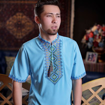 Xinjiang national characteristic clothing mens high-end embroidered shirt short sleeve chiffon ethnic style collar long sleeve embroidery top