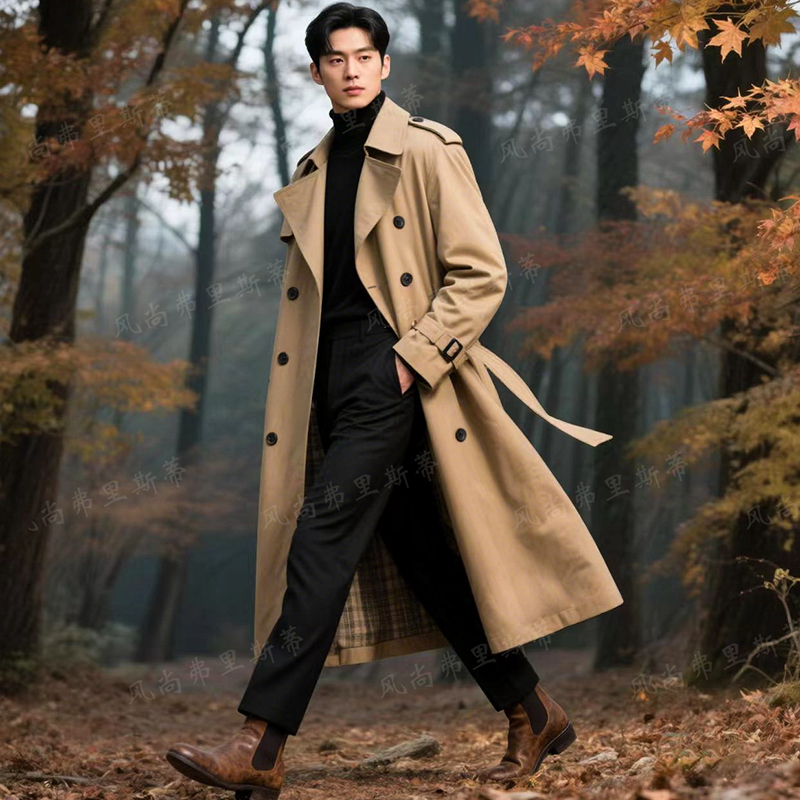 Spring and Autumn Men's Korean Style Over-The-Knee Coat, Extra-Long Double-Breasted Trench Coat, British Style for Young Adults, Authentic Trench Coat