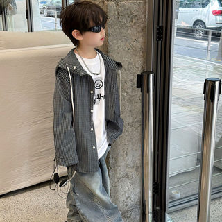 貌貌妈家2025秋季新款儿童连帽格子衬衫外套男童慵懒设计感开衫潮
