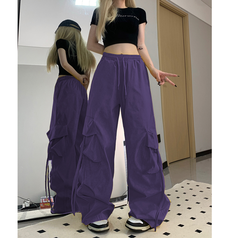 Thin/Fleece-Lined Purple Dopamine Style Cargo Pants for Men and Women, Autumn and Winter American-Style Parachute Loose Straight Wide-Leg Trousers