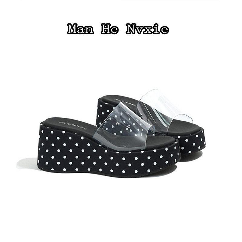 Manhe Classic Thick-Soled Women's Summer Outdoor Slippers, Women's High-Heeled Shoes, Vacation Polka Dot Leopard Print Transparent Strap Fashion Slippers
