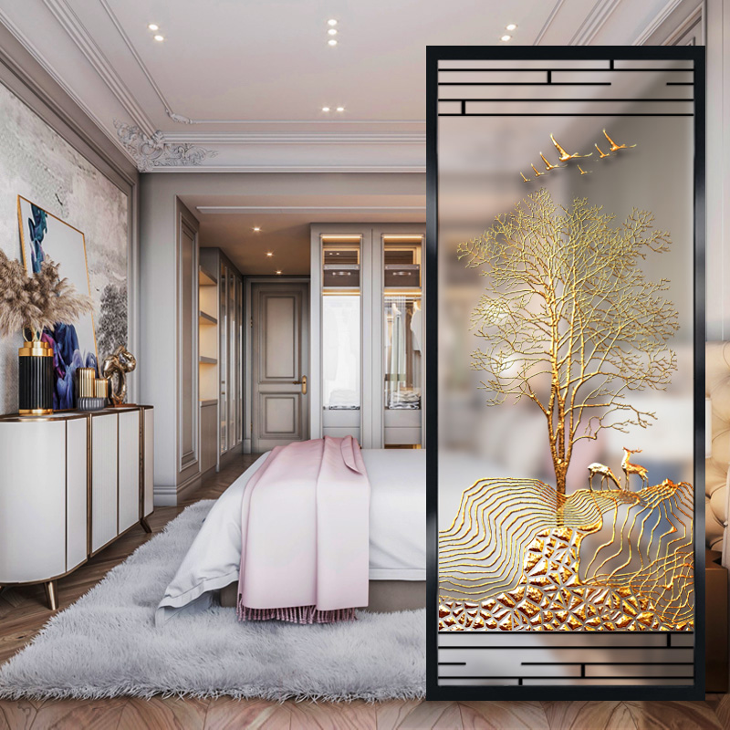 Modern art glass screen partition living room porch background wall decoration frosted light-transmitting tempered simple tree