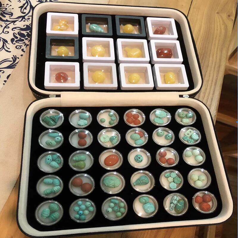 Loose stone diamond box sample display storage box transparent round box rotating ring face text play bead gemstone zipper leather case
