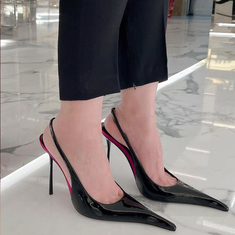 Song Jia Fashion Show Style Open-Back High-Heeled Pointed-Toe Women's Shoes, Shallow Mouth, Closed-Toe, Color-Blocked, Elegant Style, Ultra-Thin Heel Sandals