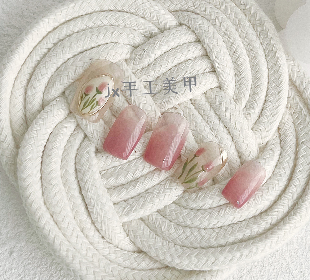 Summer tulip manicure piece handmade phototherapy wear nail fake nail paste INS long and short section JX handmade manicure