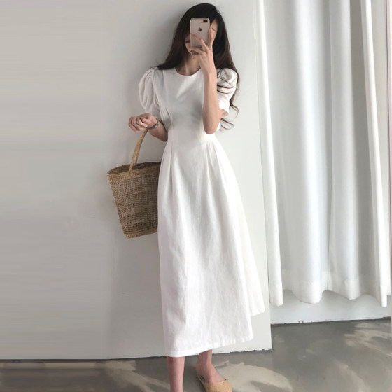 B's homemade summer super fairy little white dress round neck puff sleeves tie high waist dress long skirt A word cotton linen over the knee