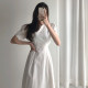 B's homemade summer super fairy little white dress round neck puff sleeves tie high waist dress long skirt A word cotton linen over the knee