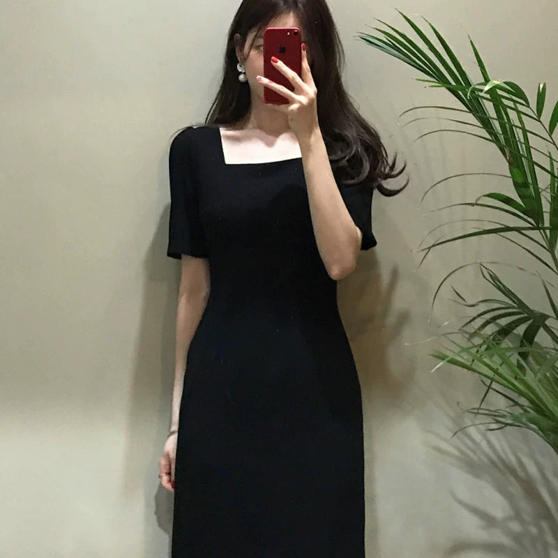 B sản xuất mùa hè phong cách retro cổ điển Hepburn ít tính khí váy đen mỏng, cổ vuông siêu cổ tích ngắn tay váy quần áo phụ nữ màu đen - váy đầm