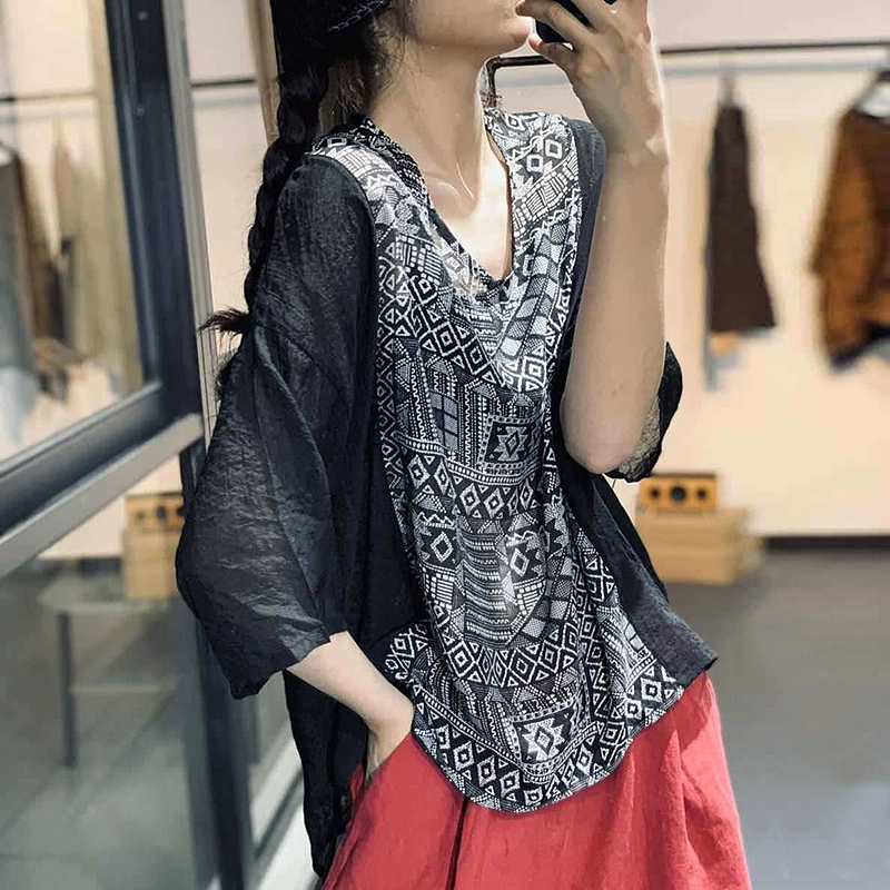 Mùa hè cotton và vải lanh của phụ nữ nguyên bản in retro cổ điển áo pull cổ chữ V áo sơ mi bông lụa nhẹ giản dị - Áo sơ mi