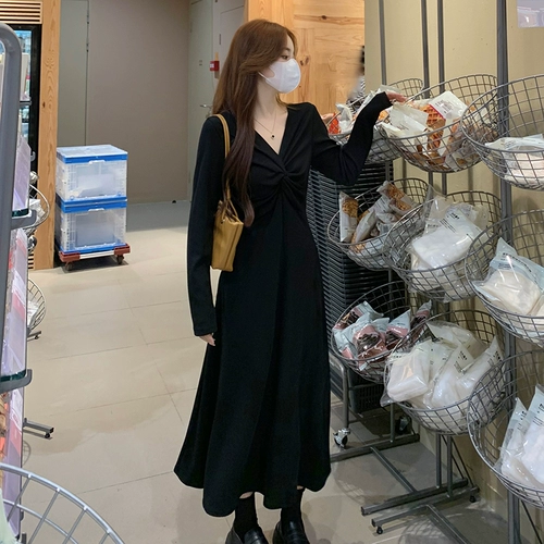 Черная осенняя трикотажная длинная юбка, размер, V-образный вырез, изысканный стиль, яркий броский стиль