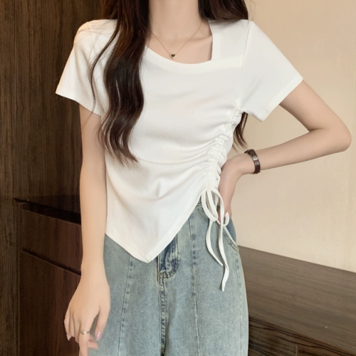 Дизайнерская летняя футболка с коротким рукавом, большой размер, тренд сезона, на шнурках, по фигуре