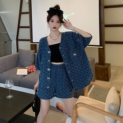 taobao agent Summer set, denim shorts, plus size, fitted, with short sleeve