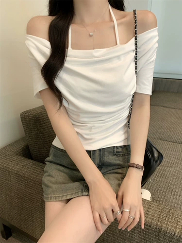 Белая летняя футболка, комплект, открытые плечи, по фигуре