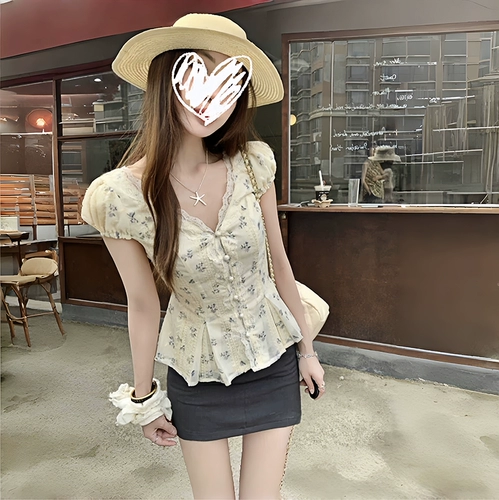 Кружевная летняя рубашка, размер, французский стиль, V-образный вырез, с вышивкой, цветочный принт, по фигуре