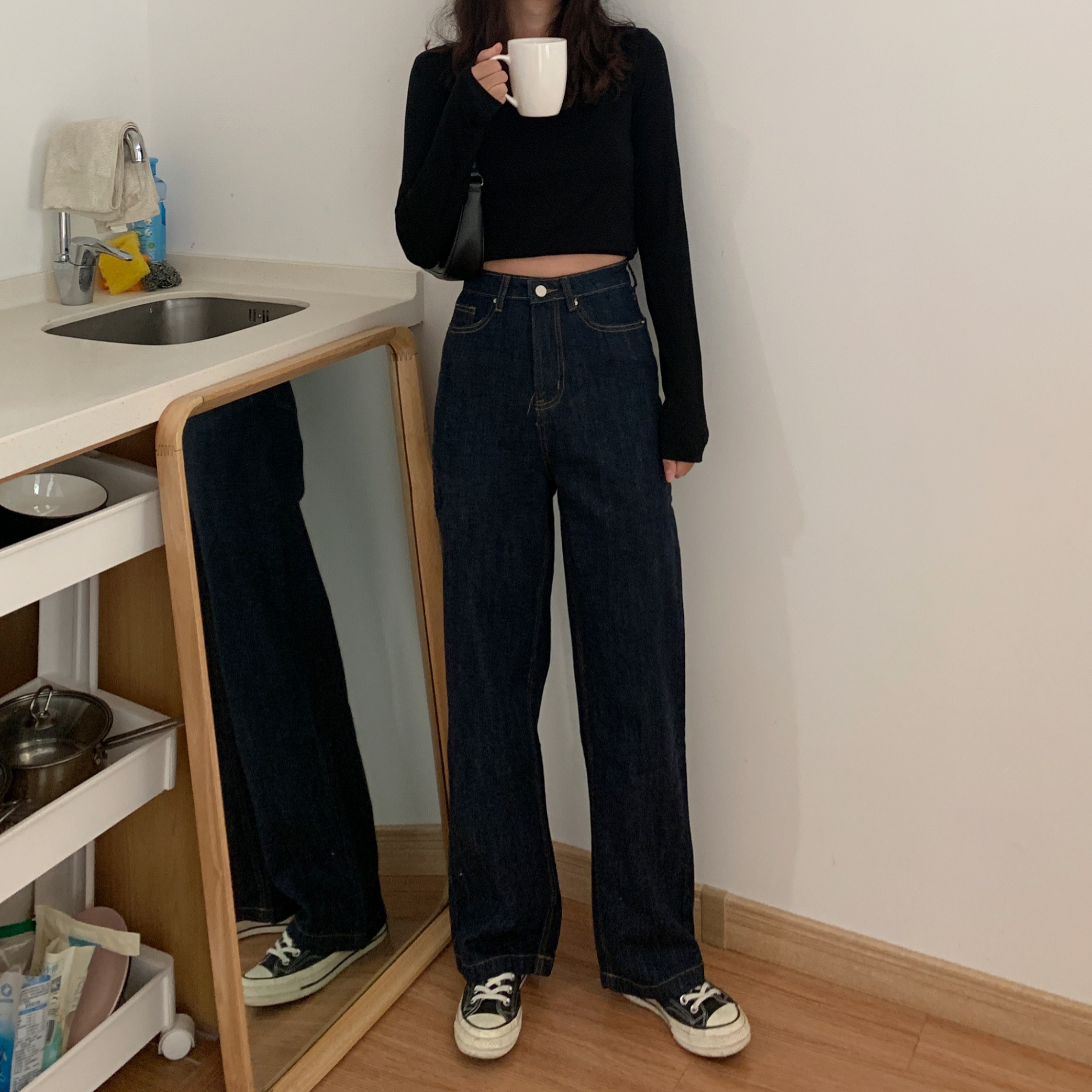 Large size DARK JEANS WOMAN HIGH WAIST FAT SISTER LOOSE BROADLEG STRAIGHT CYLINDER CONSPICUOUSLY FAT MM AUTUMN WINTER TUG LONG PANTS