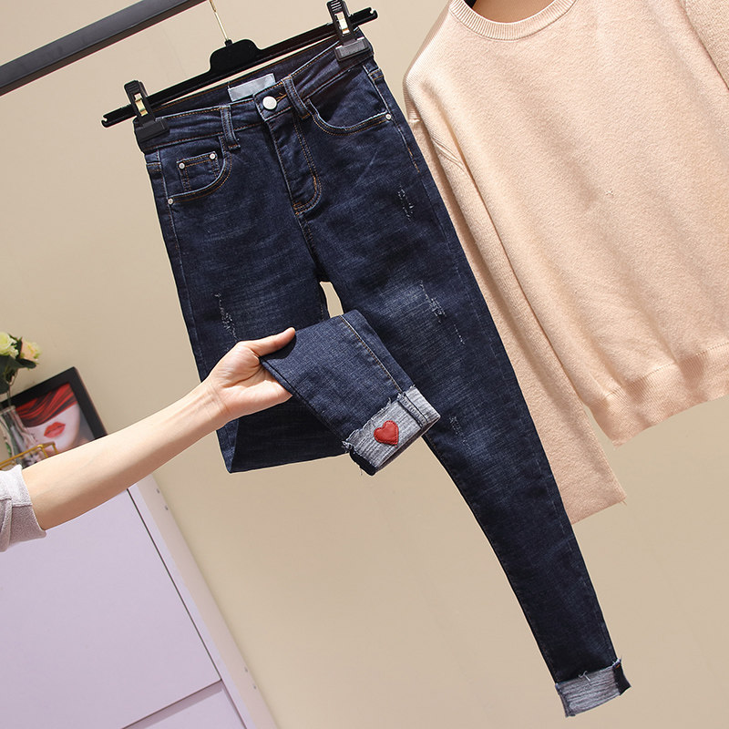 200 catty mm fall leg coarse display slim smoke pipe pants plus fattening up high waist elastic large size 90% denim pants woman