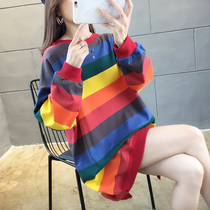 Spring autumn season 2022 The new thin section of the rainbow striped long sleeve necropolis The Korean version of the big code loot for the long one of the blouses