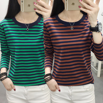Pure Cotton Spring Autumn 2022 New Green Stripe Long Sleeve Womens Clothing Loose to hit undershirt Korean version Student blouse T-shirt
