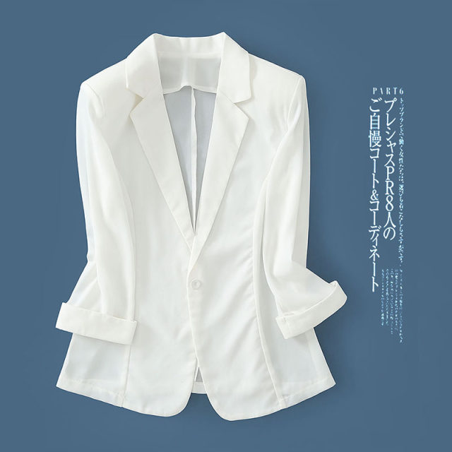 Slim chiffon small suit women's spring and summer short three-quarter sleeves OL professional dress one button white suit thin coat