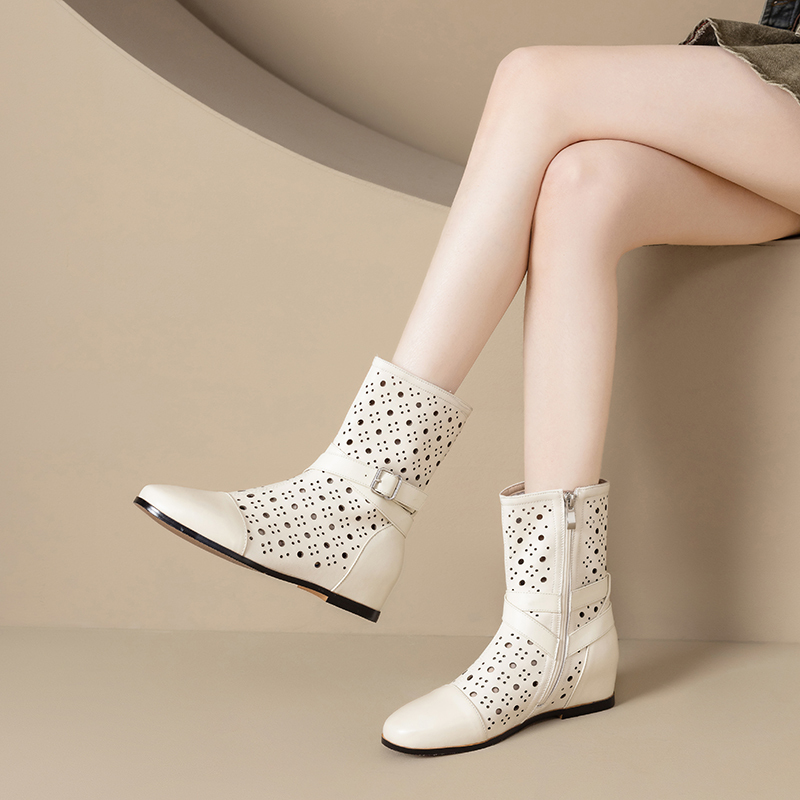 Genuine Leather Height-Increasing Martin Boots with Hollow Belt Buckle, Flat Fashion Boots for Women, Mesh Boots, Perforated Boots, Summer Boots, Mid-Calf Boots