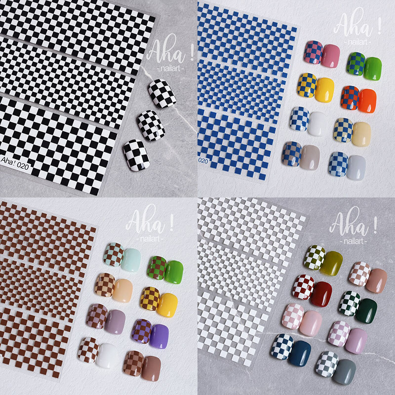 Internet Celebrity Nail Art Black and White Checkerboard Stickers Coffee Blue Plaid Long-Lasting Waterproof Adhesive Nail Stickers