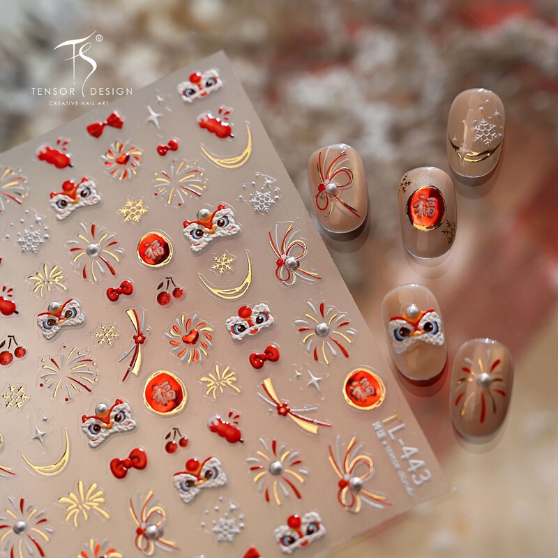 New Year and Spring Festival Festive Red Fireworks Lion Dance Nail Stickers for Good Luck and Fortune Embossed Nail Decorations