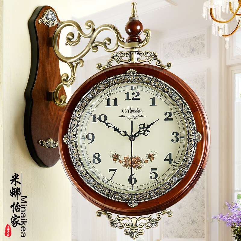 European-Style Living Room Wall Clock, Double-Sided, Fashionable Solid Wood, Two-Sided Art Silent Clock, Home Creative and Personalized Wall Clock
