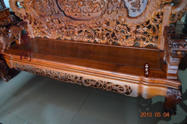 Pinxiangge Burmese gỗ hồng mộc Cửu Long Bộ ghế sofa 12 bộ đồ nội thất bằng gỗ gụ 12 mét - Bộ đồ nội thất bộ bàn ghế thông minh