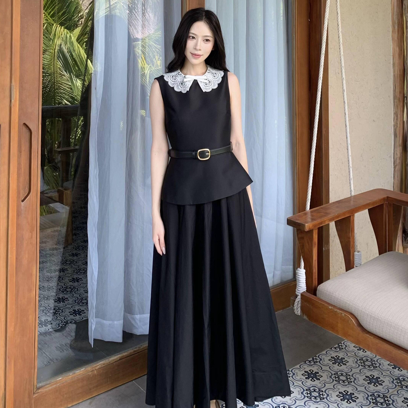 In-Stock Selfsp Style Lace Collar Faux Two-Piece Black Dress for Banquets and Events, Black Elegant Gown